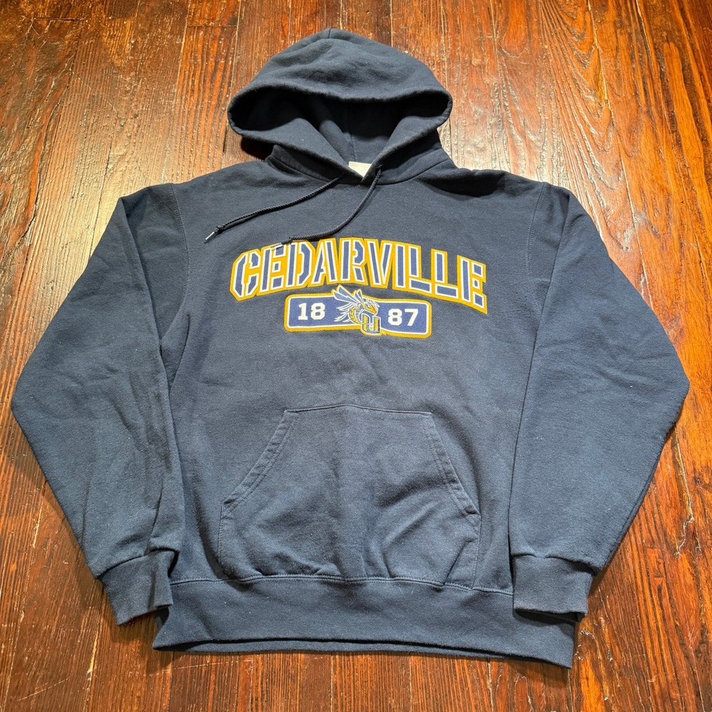 Cedarville University Hoodie Men M Navy Blue Champion Eco Fleece Sweatshirt